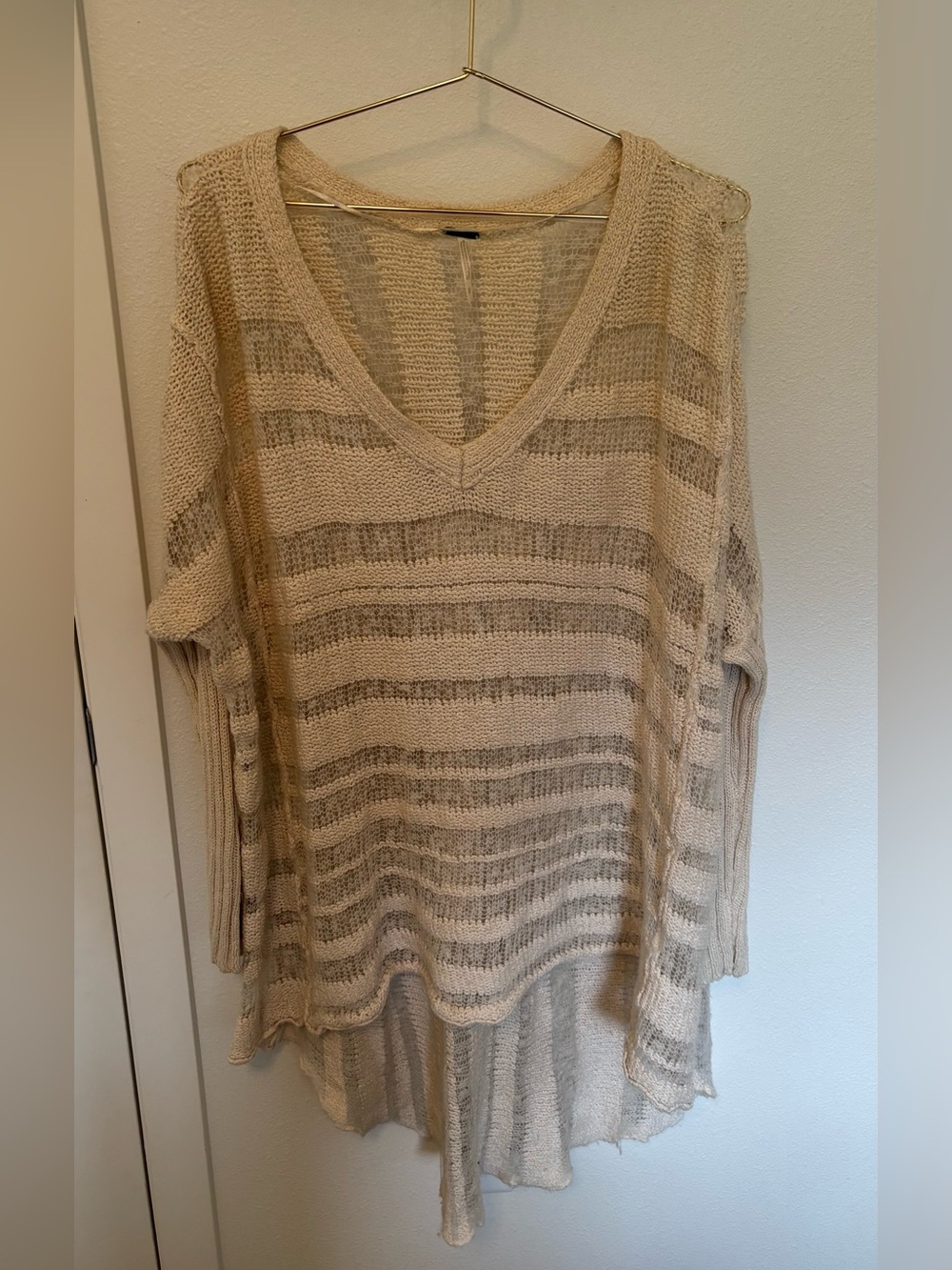 Beige Free People Striped V-Neck Lightweight Women's Sweater